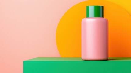 Wall Mural - Pink Bottle with Green Cap on Colorful Geometric Background