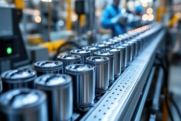 Fototapete - Cylindrical metal parts moving on assembly line in modern factory