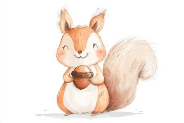 Poster - Charming illustration of a happy squirrel holding an acorn in a whimsical forest setting during a sunny day. Generative AI
