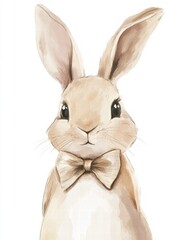 Poster - Cute illustrated rabbit wearing a bow tie, showcasing its soft fur and expressive eyes, ideal for childrens artwork and decor. Generative AI