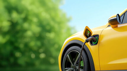 Poster - Vibrant Yellow Electric Car Charging in Natural Outdoor Setting