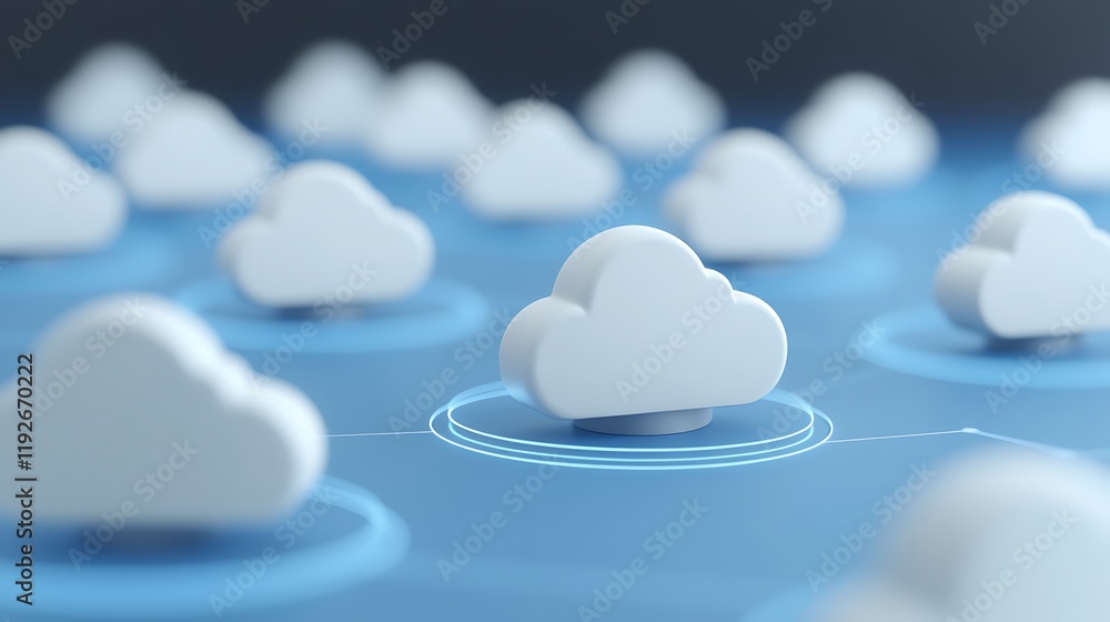 White Cloud Shapes Connected by Network Lines Representing Cloud Computing Technology Concept