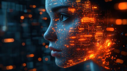 Wall Mural - futuristic face with digital circuitry overlay.