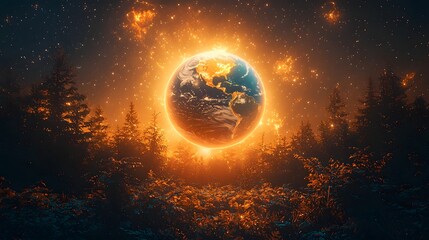 Wall Mural - glowing planet earth surrounded by cosmic golden halo in starry darkness