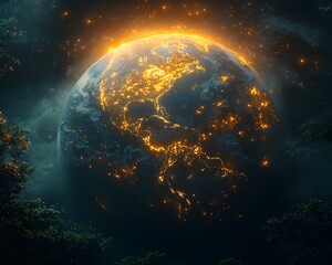 Canvas Print - futuristic earth with glowing city domes and expanded continents