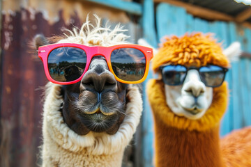 Wall Mural - generated ai portrait of funny cute alpaca lama wear glasses