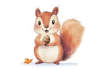 Poster - Cute cartoon squirrel holding an acorn in autumn with orange leaves around in a bright and cheerful setting. Generative AI