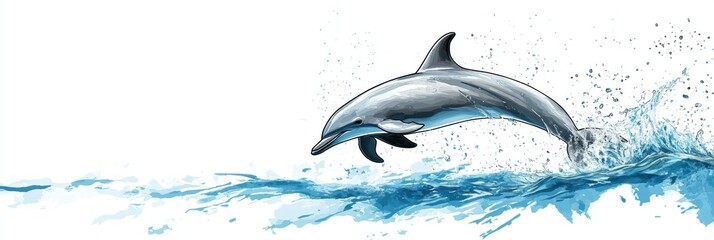 Poster - Dolphin leaps above water in vibrant ocean setting during bright daytime. Generative AI