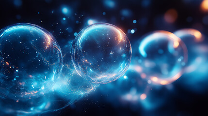 Wall Mural - cosmic spheres in glowing blue and orange light, surrounded by misty space and stardust.