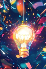 Canvas Print - Glowing abstract light bulb symbolizes creativity and inspiration, surrounded by colorful sparks and shapes against a dark-to-light gradient background