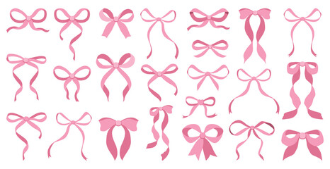 Wall Mural - Simple hand drawn pink ribbon bow collection. Bowknot for decoration, big set of bowtie. Large retro ribbon illustration set. Set of various cartoon bow knots, gift ribbons. Valentines day, love sign 