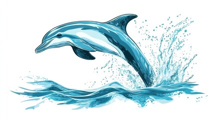 Poster - Dolphin gracefully leaps above turquoise waves in a vibrant ocean illustration during a sunny day. Generative AI