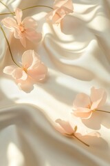 Sticker - Elegant blush pink petals scattered on a smooth cream background with soft shadows creating depth and space for text overlay