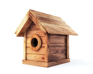 Photorealistic studio shot of a wooden birdhouse on a white background, featuring detailed wood grain and high-resolution clarity.