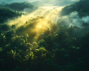 Wall Mural - Misty Tropical Rainforest Glowing Under Golden Morning Light in Tranquil Natural Setting