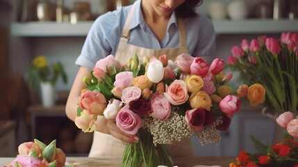 Wall Mural - A florist s skilled hands delicately arranging a beautiful bouquet of fresh colorful roses and tulips for a floral or gift