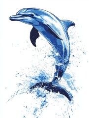 Poster - Dolphin leaps through splashes of water in vibrant blue illustration representing ocean life and marine adventures. Generative AI