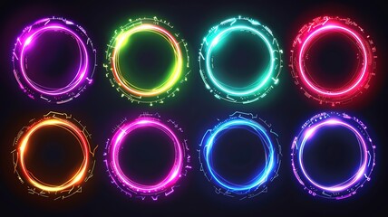 Wall Mural - set of glowing neon color circles round curve shape with wavy dynamic lines isolated on black backgr
