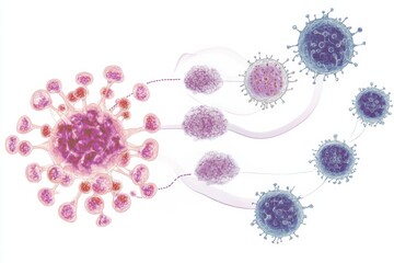 Leinwandbilder - Stages of virus lifecycle illustrating penetration, replication, and spreading in scientific visualization format. Generative AI