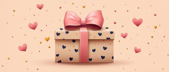 Wall Mural - Gift Box with Pink Bow and Heart Decorations on Peach Background