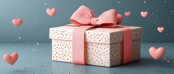 Wall Mural - Elegant Gift Box with Bow and Floating Hearts on a Soft Background