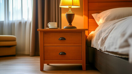 Poster - Nightstand with lamp and cup beside bed in a cozy bedroom during daylight hours