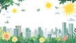 © Farah - Lush Green Landscape with Urban Skyline Showing Bright Sun and Vibrant Flora in a Cheerful Nature Setting with Clear Blue Sky and Gentle Clouds