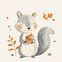 Poster - Cute squirrel holding an acorn surrounded by autumn leaves in a playful illustration style. Generative AI