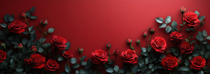 Wall Mural - beautiful arrangement of red roses on vibrant red background, perfect for romantic occasions. lush green leaves complement striking blooms, creating stunning visual display