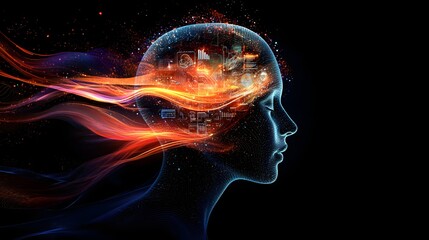 A vibrant depiction of a human head with swirling colors and business icons inside, symbolizing a burst of ideas and technological creativity. The composition emphasizes innovation and the power 