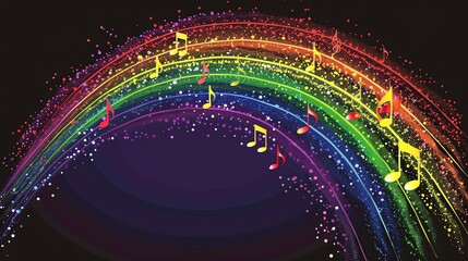 Wall Mural - A colorful rainbow arch with music notes and sparkles on a black background.