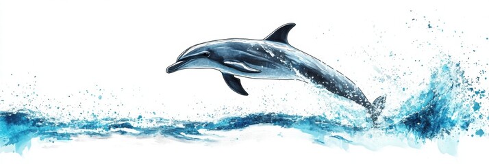 Poster - Dolphin leaping gracefully above the ocean waves in a vibrant watercolor illustration. Generative AI