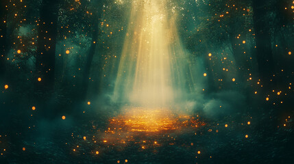 Wall Mural - mystical background with golden rays of light descending from thick green clouds surrounded by shimm