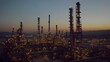 © ลลิดา ไชยศรีษะ - A vast oil refinery complex bathed in the soft hues of sunset, with lights glowing across the plant and massive industrial structures standing tall under the fading light