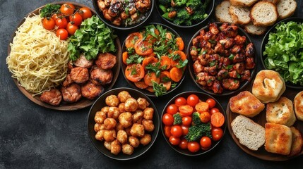 Poster - Aromatic and colorful food selection on dark background, close-up top view of various dishes including pasta, meat, vegetables, and bread