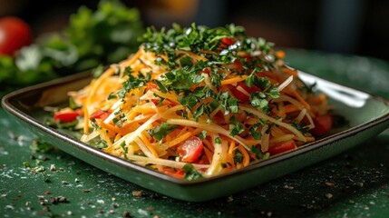 Poster - A vibrant and healthy vegetable salad with carrots, parsley and tomatoes served on a green square plate.  Close-up food photography showcasing fresh i