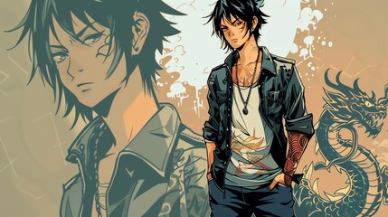 Wall Mural - a young man in a leather jacket with a dragon tattoo on his arm stands in front of a dragon design.