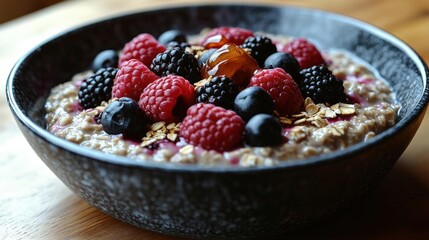 Poster - A delicious and healthy breakfast bowl filled with oatmeal, mixed berries, and a drizzle of honey, ready to start the day.