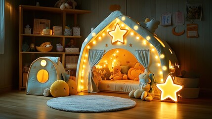 Cozy kids' playhouse with fairy lights and plush toys.