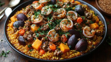 Poster - Aromatic Saffron Rice with Shrimp, Ground Meat and Roasted Vegetables