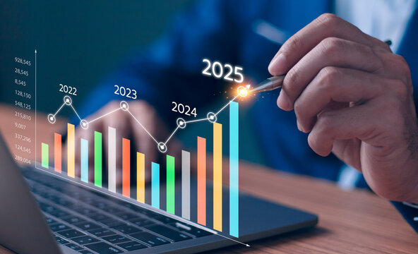 2024 to 2025 business financial plan market concept, performance of profit growth on 2024, education trend up finance on growth graph money revenue, Businessman analyzes profitability of working.