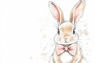 Poster - Cute illustrated rabbit wearing a checkered bow tie against a light background with subtle texture. Generative AI