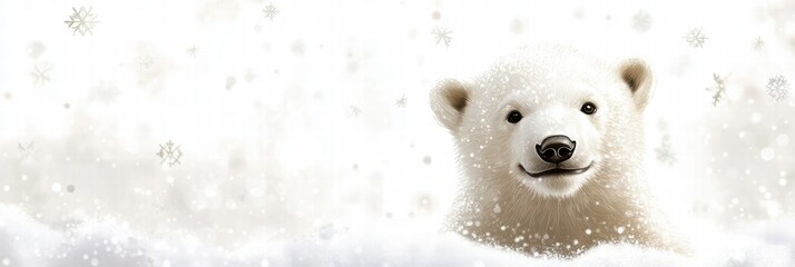 Poster - Polar bear smiles among falling snowflakes in a serene winter landscape. Generative AI
