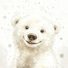 Aufkleber - Playful polar bear cub surrounded by falling snowflakes in a winter wonderland setting. Generative AI