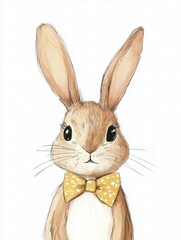 Poster - Illustrated rabbit wearing a yellow bow tie, showcasing adorable features in a minimalist style background. Generative AI