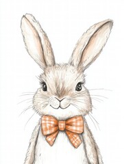 Poster - Cute illustrated rabbit character wearing a checkered bow tie with a friendly expression in a whimsical style. Generative AI