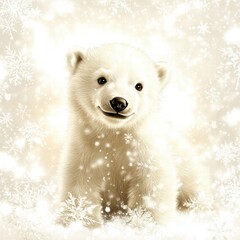 Poster - Snowy landscape with cheerful polar bear cub playing among falling snowflakes in a winter wonderland setting. Generative AI