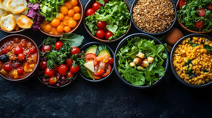 Poster - A vibrant array of healthy vegetarian dishes in rustic bowls, showcasing fresh vegetables, grains, and salads.  A colorful and nutritious meal perfect