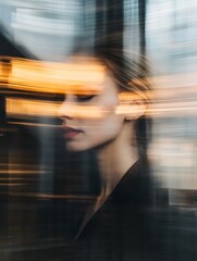 Canvas Print - Abstract portrait of a woman, blurred motion effect, calm expression, profile view.