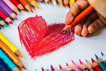 Wall Mural - a red heart painted with colored pencils on a white background, a symbol of love, care, and love for children